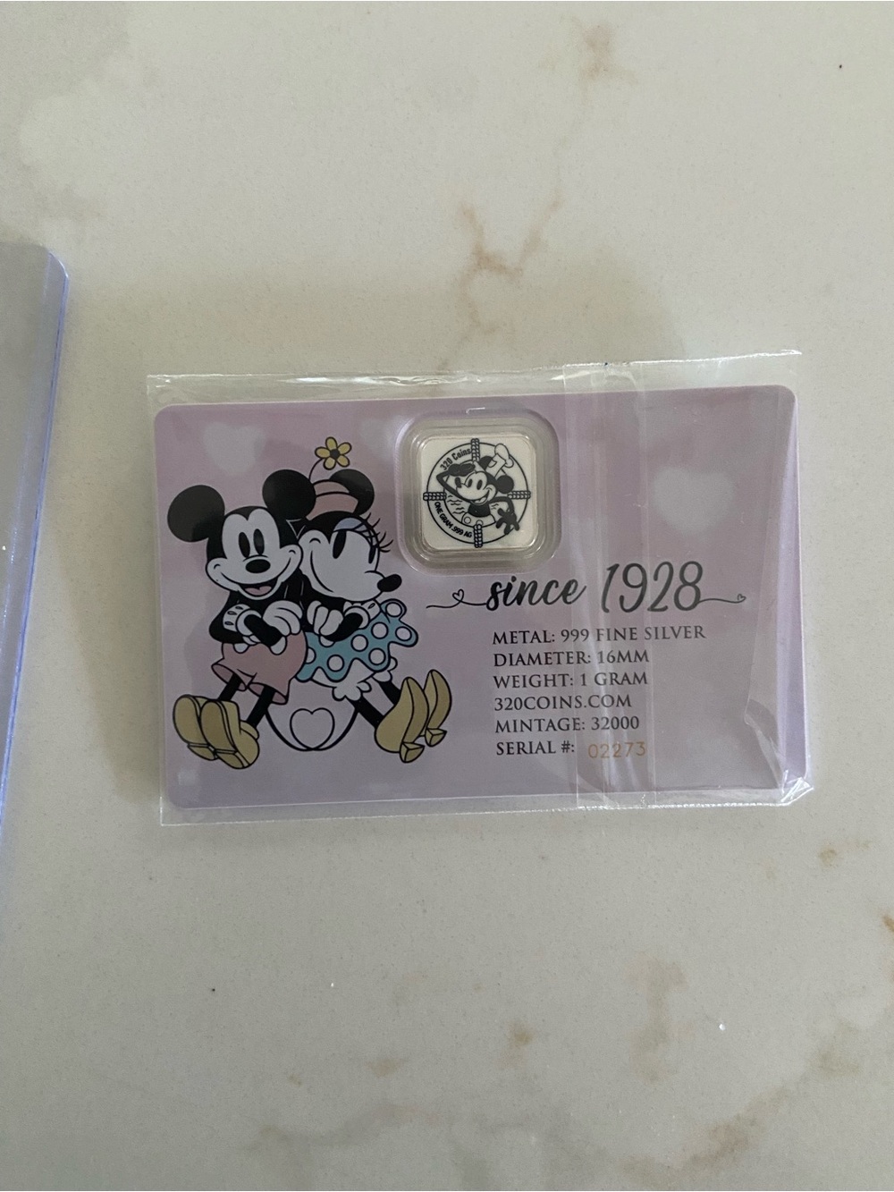 New Mickey & Minnie Mouse Love Heart 1 Gram .999 Fine Silver Bar in Card W/COA
